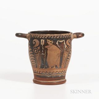 Ancient Campanian Red-figured Skyphos, c. 320-300 B.C., showing a young man and woman, ht. 7 1/8, dia. 10 in. handle to handle.