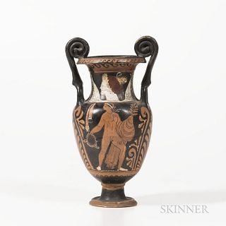 Ancient Apulian Small Volute-krater, c. 380 B.C., painted with a young man and woman preparing for their wedding ceremony, accentuated