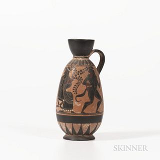 Greek-style Trefoil Lekythos, modern, black-figure painted with Dionysus with two satyrs accented with white and deep red, ht. 9 in.