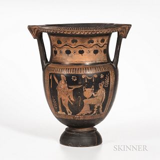 Ancient Apulian Red-figured Column Krater, c. 380 B.C., the groom painted as a warrior and his bride holding an amphora, with two young