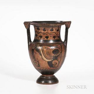 Ancient Apulian Red-figured Column Krater, c. 350-340 B.C., with a head in profile to either side, ht. 15 5/8 in. Note: Unidentified au