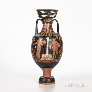 Ancient Apulian Red-figured Amphora, c. 350-330 B.C., showing a young man approaching his bride with an altar to one side and two young