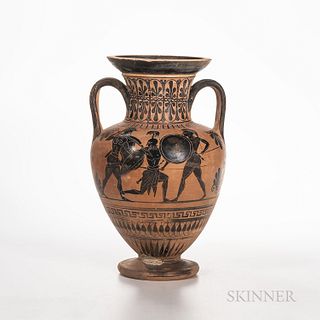 Ancient Attic Black-figure Squat Amphora, c. 500-480 B.C., with a scene showing Hercules engaged in combat with three warriors to one s