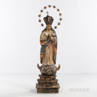 Large Spanish Colonial Santos Figure, Mexico or Guatemala, 18th century, carved and painted depicting the Immaculate Conception, approx