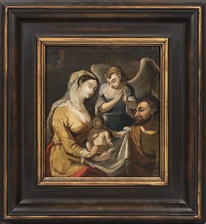 European School, 19th Century, Holy Family with an Angel, Unsigned., Condition: Fine craquelure, minor surface imperfections, small rem