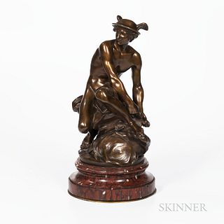 After Jean-Baptiste Pigalle (French, 1714-1785)  Bronze Depiction of Mercury Affixing His Sandals, brown patination, inscribed signatur