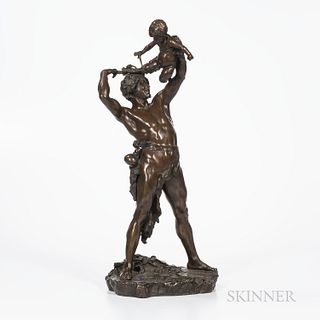 After Clement Leopold Steiner (French, 19th Century)  Bronze Standing Figure of Bacchus with Infant Faun, dark brown patination, inscri
