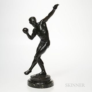 Louis Delapchier (French, active 1900-1930)  Bronze Shotput Figure, dark brown patination to the standing nude male posed in a throwing