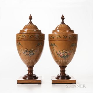 Pair of Painted Satinwood Urn-shape Knife Boxes, England, 19th century, each with fitted interior, arabesque foliate border above flora