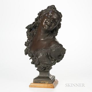 Jean-Baptiste Carpeaux (French, 1827-1875)  Bronze Bust of a Laughing Maiden/Bacchante aux Roses, reddish-brown patina, inscribed signa