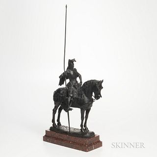 Emmanuel Fremiet (French, 1824-1910)  Bronze Model of a Knight on Horseback, inscribed signature, dark brown patination, mounted atop a