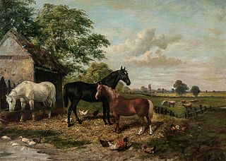 Attributed to John Frederick Herring Sr. (British, 1795-1865), Farm Scene, Signed or inscribed "J.F. Herring Sen" l.r., titled on a typ