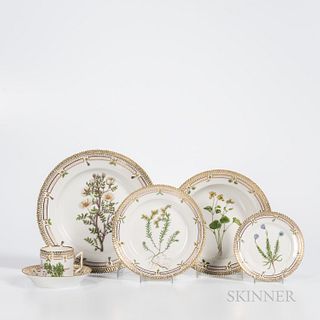 Sixty-eight-piece Royal Copenhagen Flora Danica Service, Denmark, mid-20th century, each gilded and polychrome enamel decorated with bo