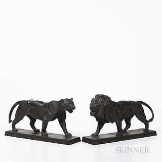 After Antoine-Louis Barye (French, 1796-1875)  Pair of Bronze Lion and Lioness, Williams foundry New York City, early 20th century, dar