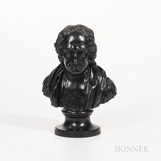 Wedgwood & Bentley Black Basalt Bust of Dean Swift, England, c. 1775, mounted atop a waisted circular socle, impressed mark, ht. 13 in.