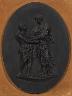 Oval Black Basalt Plaque, England, late 18th/early 19th century, high relief depiction of Papyrius and his Mother, lg. 14 3/4 in.; set
