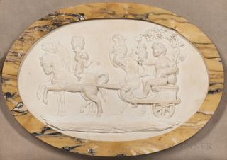 Wedgwood & Bentley Solid White Jasper Plaque, England, c. 1775, oval shape with relief depiction of the Triumph of Bacchus, impressed m
