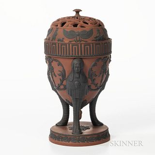 Spode Rosso Antico Incense Burner, England, early 19th century, applied black basalt relief, oval shape with pierced cover bearing hier