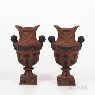 Pair of Wedgwood Rosso Antico Egyptian Vases, England, early 19th century, each with applied black basalt relief, sphinx head handles a