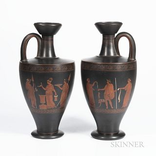 Pair of Wedgwood Encaustic Decorated Black Basalt Vases, England, 19th century, each with looped side handle, iron red, black, and whit