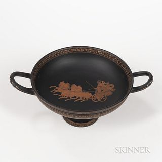Wedgwood Encaustic Decorated Black Basalt Font, England, early 19th century, loop handles to a circular bowl set on a raised foot, iron