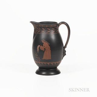 Wedgwood Encaustic Decorated Black Basalt Pitcher, England, early 19th century, oval shape with masked handle terminal, iron red and bl