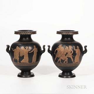 Pair of Wedgwood Encaustic Decorated Black Basalt Vases, England, early 19th century, upturned loop handles, iron red, black, and white