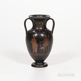 Wedgwood Encaustic Decorated Black Basalt Vase, England, early 19th century, loop handles, iron red, black, and white figures to one si