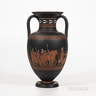Wedgwood Encaustic Decorated Black Basalt Vase, England, mid-19th century, iron red, black, and white, decorated with figures, impresse