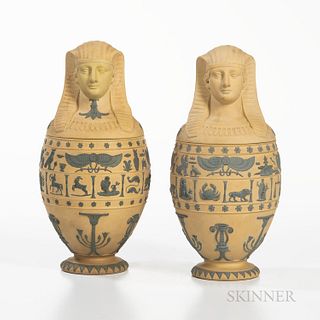 Pair of Wedgwood Caneware Canopic Jars and Covers, England, early 19th century, with applied drab bands of hieroglyphs and zodiac signs