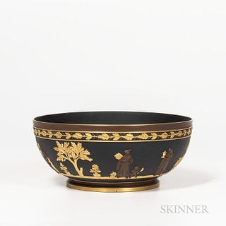 Wedgwood Gilded and Bronzed Black Basalt Bowl, England, c. 1885, circular shape with classical figures in relief below a running oak le