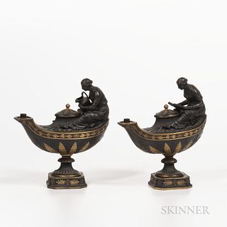 Pair of Wedgwood Gilded and Bronzed Black Basalt Oil Lamps, England, c. 1885, each oval, with fluted neck, oak leaf border and acanthus