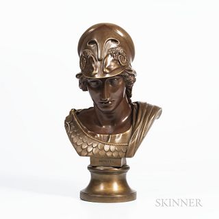 Wedgwood Bronzed Black Basalt Bust of Minerva, England, c. 1870, titled and mounted atop a waisted circular socle, impressed mark, ht.