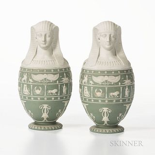 Pair of Wedgwood Green Jasper Dip Canopic Jars and Covers, England, late 19th century, with applied white bands of hieroglyphs and zodi