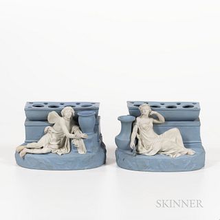 Pair of Wedgwood Solid Light Blue Jasper Figural Bough Pots, England, late 18th century, applied white relief with figures of Cupid and