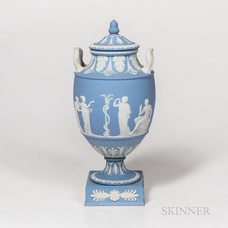 Wedgwood Solid Light Blue Jasper Vase and Cover, England, late 19th century, applied white classical figures depicting Hercules in the