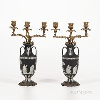 Pair of Wedgwood Solid Black Jasper Bronze-mounted Three-light Candelabra, England, early 20th century, three scrolled foliate candle a
