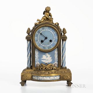 Gilt-bronze-mounted Wedgwood Tricolor Jasper Clock, England, c. 1880, applied white relief with a numeral face above a classical figure