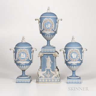 Three-piece Wedgwood Tricolor Jasper Garniture, England, 19th century, each solid light blue ground with lilac ground rings and applied