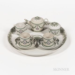 Assembled Six-piece Wedgwood Tricolor Jasper Tea Service with Tray, England, 19th century, solid white with applied lilac, green, and w