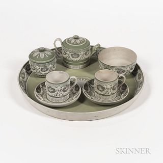 Assembled Six-piece Wedgwood Tricolor Jasper Tea Service with Tray, England, 19th century, each green ground with lilac medallions and