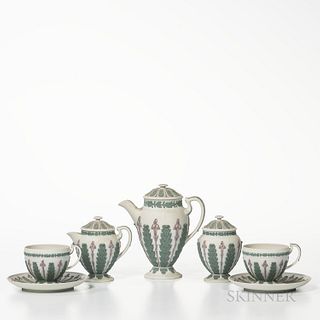 Five-piece Wedgwood Tricolor Jasper Tea Service, England, late 19th/early 20th century, solid white with applied lilac and green acanth