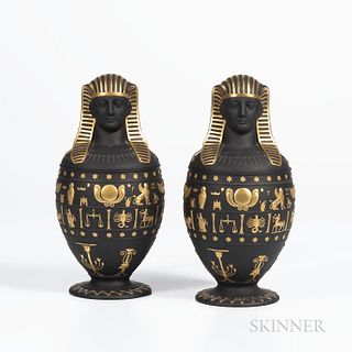 Pair of Modern Wedgwood Black Basalt Canopic Jars and Covers, England, 1978, numbered 14 and 15 in a limited edition of 50, with gilded