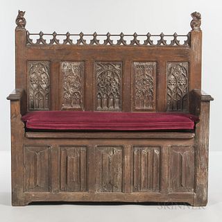 Gothic-style Oak Settee, late 19th/early 20th century, ht. 58 1/2, wd. 56 1/2, dp. 18 3/8 in.