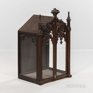 Gothic-style Carved Cabinet, late 19th/early 20th century, glass enclosed to three sides with carved tracery, ht. 38 1/2, wd. 24, dp. 1