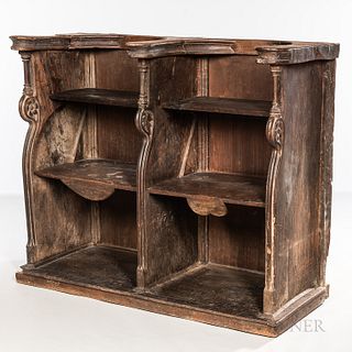 Carved Walnut Choir Stall, with two hinged seats below a later shelf, ht. 44 1/2, lg. 54 1/4, dp. 21 in.