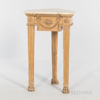 Marble-top Corner Table, late 19th/early 20th century, with neoclassical medallions and swags, ht. 34, wd. 20, dp. 16 in.