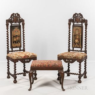 Pair of Carved Oak Side Chairs and a Footstool, late 19th/early 20th century, the chairs with a carved coat of arms, ht. 49, wd. 16, dp