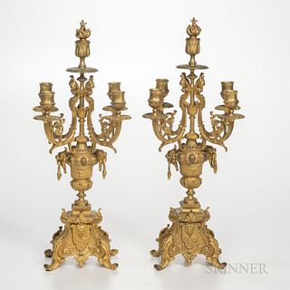 Pair of Gilt-bronze Renaissance Revival Five-light Candelabra, 19th century, scrolled candle arms supported atop a lion mask and rim mo