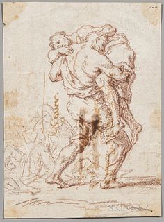 Italian School, 18th Century, Man Carrying a Weak or Wounded Figure, Unsigned, inscribed ".../Roma" in ink and with a franking stamp on
